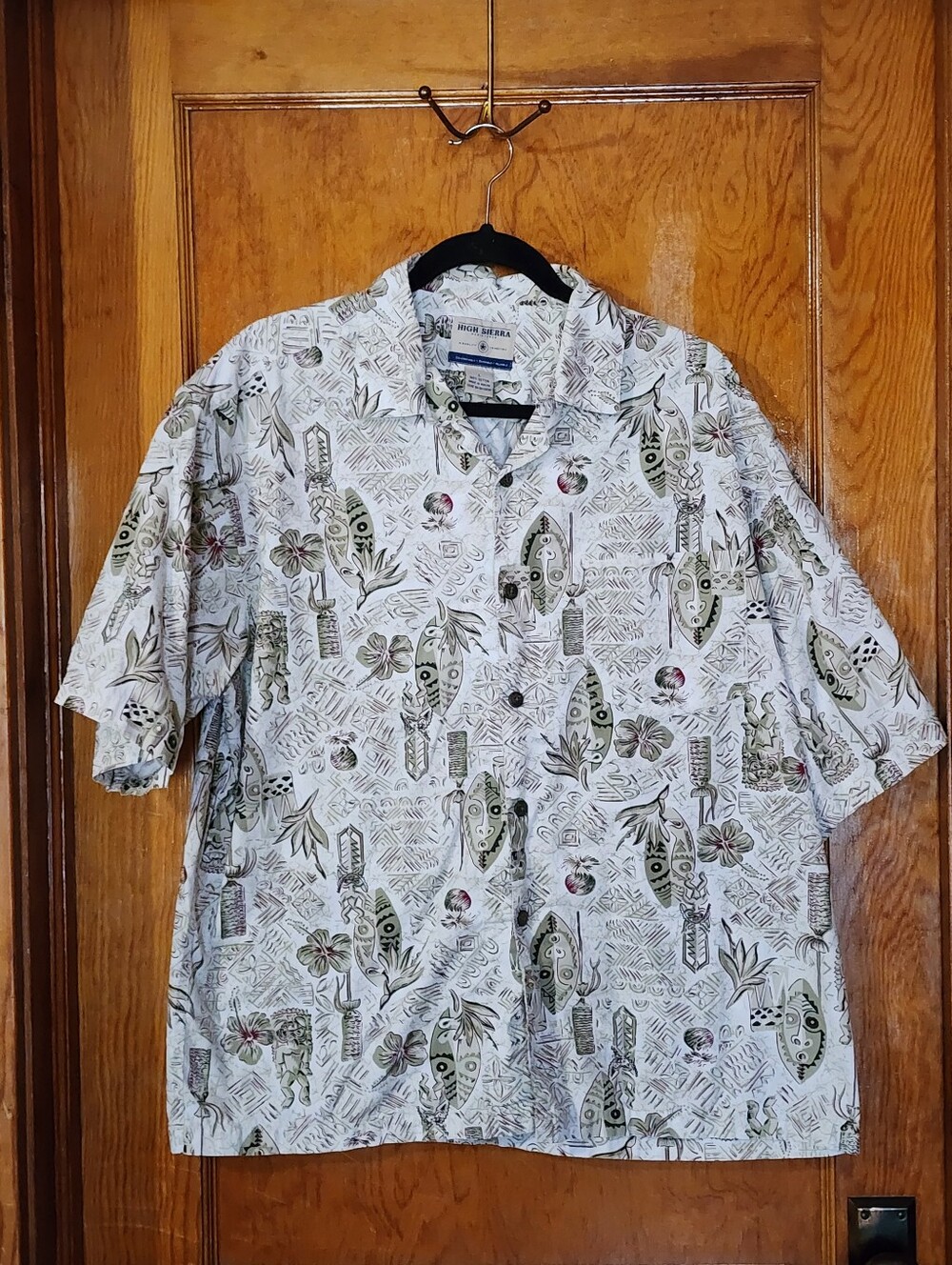 Vintage High Sierra Hawaiian Shirt Tiki Tribal Print Cream L